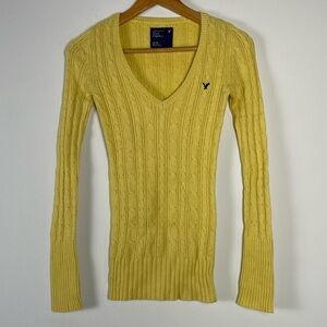 Vintage Y2K American Eagle Sweater Women XSmall Cable Knit‎ V Neck Slim Longline